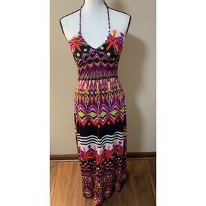 Pauln KC Multi-Colored Boho Aztec Design - Halter Tie Maxi Dress - Size Small